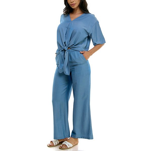 Women's Nina Leonard Tie Waist Top And Wide Leg Pant Set