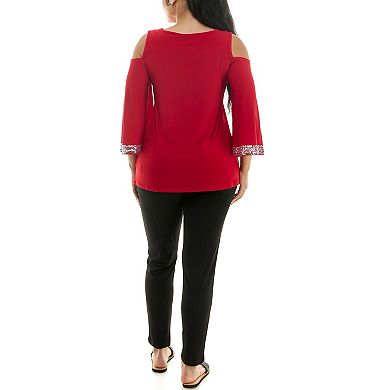 Women's Nina Leonard 2 Piece Cold Shoulder Top And Slim Leg Pants Set
