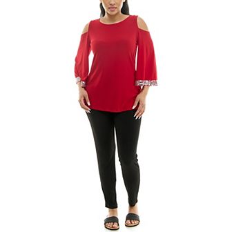 Women's Nina Leonard 2 pc Cold Shoulder Top And Slim Leg Pants Set