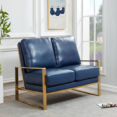 Jefferson - Leather Loveseat - Gold Frame - Navy Blue