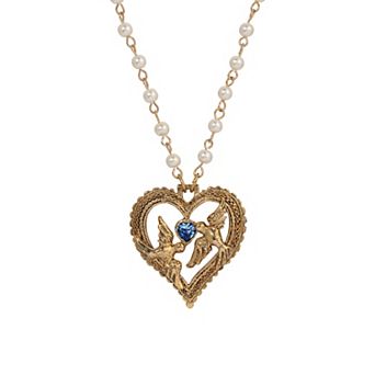 1928 Gold-Tone Love Birds Heart Pendant Necklace