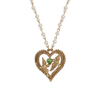 1928 Gold-Tone Love Birds Heart Pendant Necklace