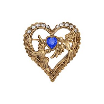 1928 Gold Tone Crystal Love Birds Heart Pin