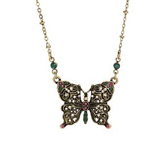 1928 Gold-Tone Fuchsia & Green Crystal Filigree Butterfly Necklace