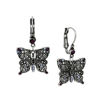 1928 Silver-Tone Multicolored Stone Butterfly Drop Earrings