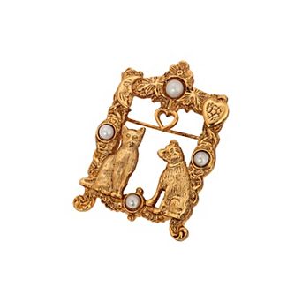 1928 Gold-Tone Simulated Pearl Rectangle Frame Cat Pin