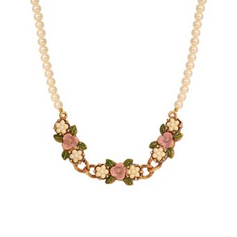 1928 Gold Tone Simulated Pearl Pink Flower Collar Necklace