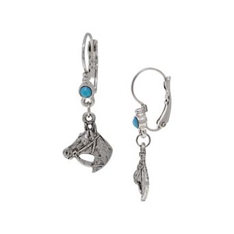 1928 Silver Tone Horse with Blue Glass Stone Drop Earrings