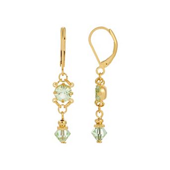 1928 Gold Tone Light Green Crystal Drop Earrings