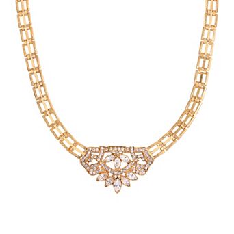 1928 Gold Tone Crystal Statement Collar Necklace