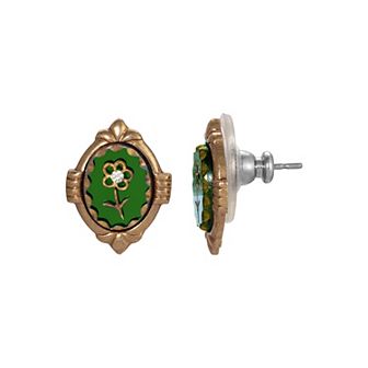 1928 Gold Tone Green Glass Flower Stud Earrings