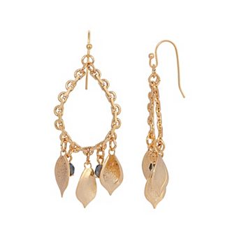 1928 Gold Tone Blue Glass Bead Leaf Drop Earrings