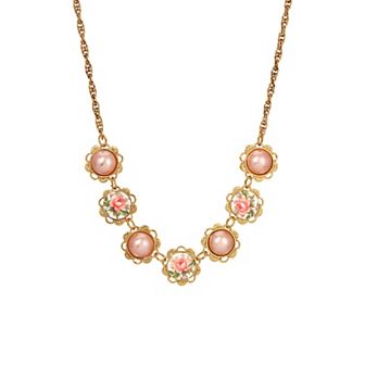 1928 Gold Tone Pink Floral Collar Necklace