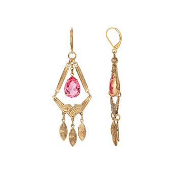 1928 Gold Tone Pink Crystal Oval Chandelier Earrings