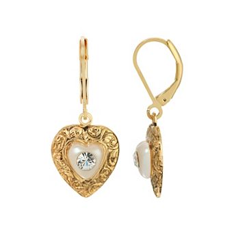 1928 Gold Tone Crystal Heart Shaped Drop Earrings