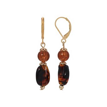 1928 Gold Tone Tortoise Color Bead Drop Earrings