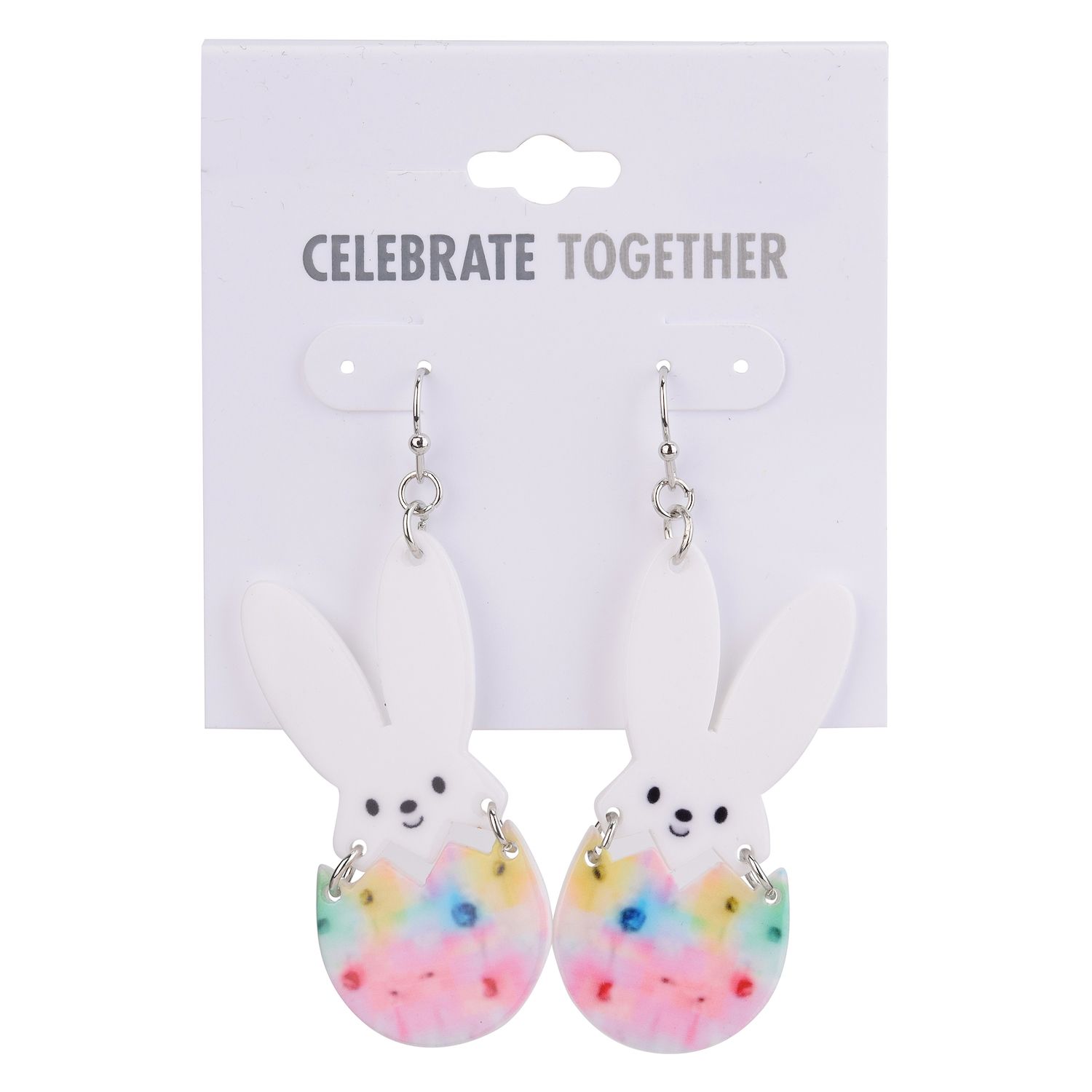 Silver Tone Easter Bunny And Multi-Colored Egg Moveable Drop Earrings