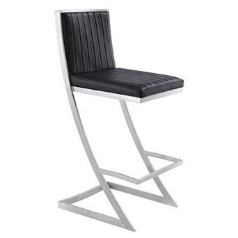 Barstool with Channel Stitching and Angled Cantilever Base, Black and Silver