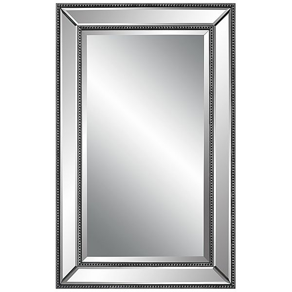 32 Inch Wood Wall Mirror, Beveled Mirror Frame, Silver