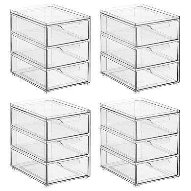 Plastic 3 Drawer Stackable Organizer for Bathroom Storage, 4 Pack, Clear
