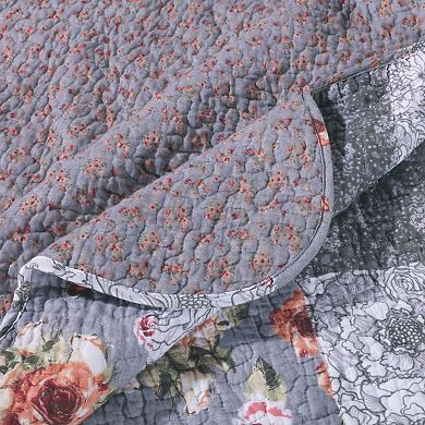 Microfiber Quilt and 1 Pillow Sham Set with Floral Prints, Multicolor