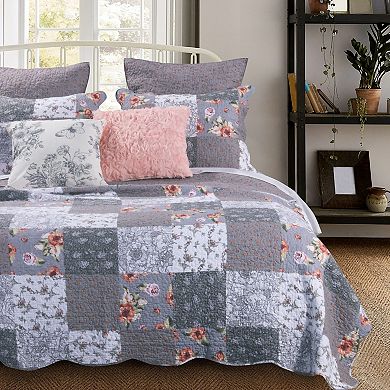 Microfiber Quilt and 1 Pillow Sham Set with Floral Prints, Multicolor