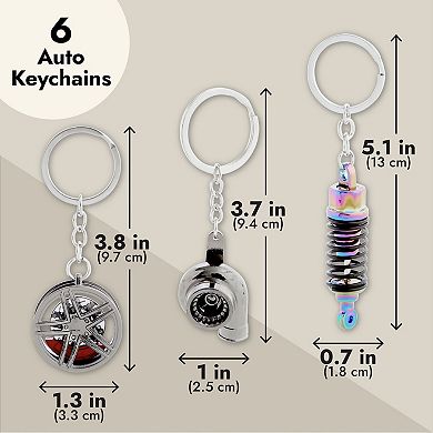 6 Pack Metal Car Parts Keychain Set, Assorted Designs