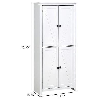 HOMCOM 72" Freestanding 4-Door Kitchen Pantry, Storage Cabinet Organizer with 4-Tiers, and Adjustable Shelves, White