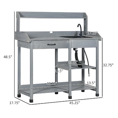 Outsunny Potting Bench Table, Includes Removable Outdoor Sink Station with Hose Hook Up, Wooden Work Station with Faucet, Drawer, Shelves, Hooks, Gray