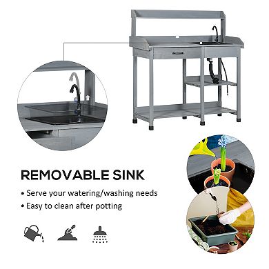 Outsunny Potting Bench Table, Includes Removable Outdoor Sink Station with Hose Hook Up, Wooden Work Station with Faucet, Drawer, Shelves, Hooks, Gray