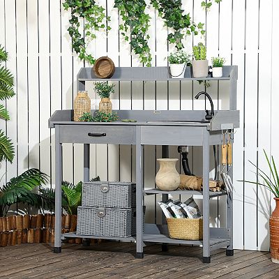 Outsunny Potting Bench Prep Table with Faucet Sink and Storage Cabinet Gray