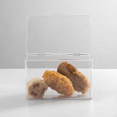 mDesign Plastic Bath Stacking Storage Organizer Box, Hinged Lid, 4 Pack, Clear