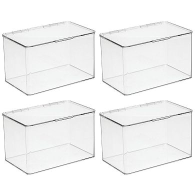 mDesign Plastic Bath Stacking Storage Organizer Box, Hinged Lid, 4 Pack, Clear