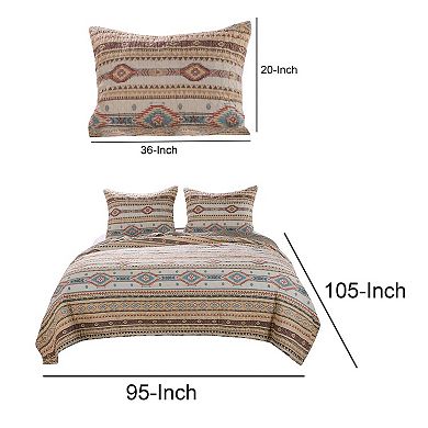 King Size 3 Piece Polyester Quilt Set with Kilim Pattern, Multicolor