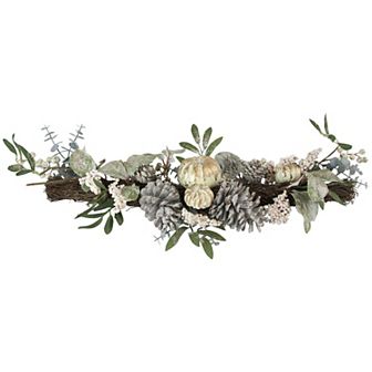 36" Neutral Colored Pumpkin and Pine Cones Fall Harvest Swag - Unlit