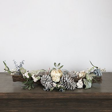 36" Neutral Colored Pumpkin and Pine Cones Fall Harvest Swag - Unlit
