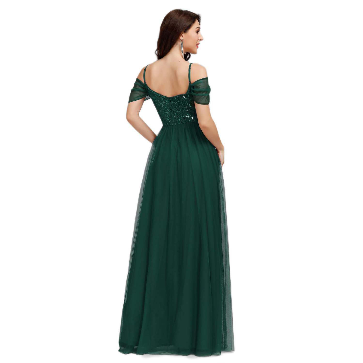 Cold Shoulder Sequin Bodice Long Tulle Bridesmaid Dress