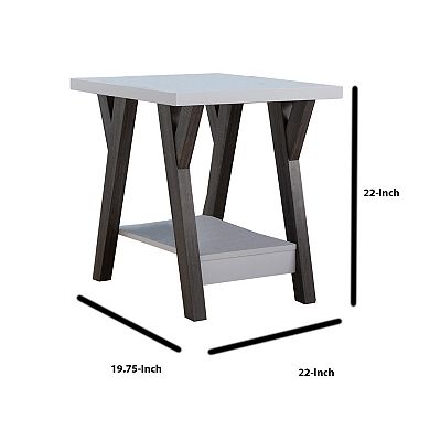 22 Inch Two Tone End Table with Bottom Shelf, White and Gray