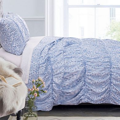 Fabric Queen Size Quilt Set with Pleated and Ruffled Details, Blue