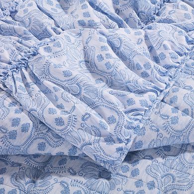 Fabric Queen Size Quilt Set with Pleated and Ruffled Details, Blue