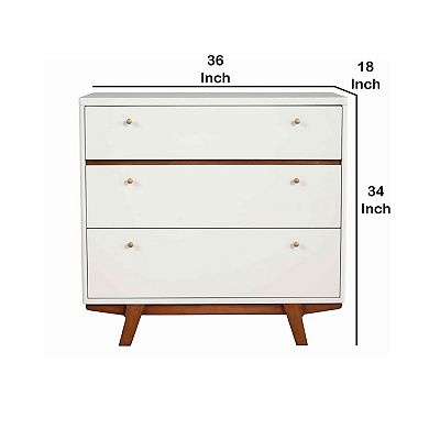 3 Drawer Wood Chest with Round Pulls and Angled Legs, Small,White and Brown