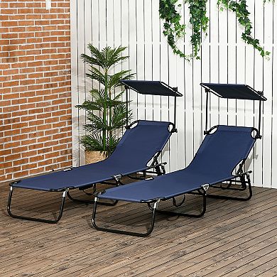 Outsunny 2-piece Chaise Lounge With Adjustable Backrest And Sunshade, Blue