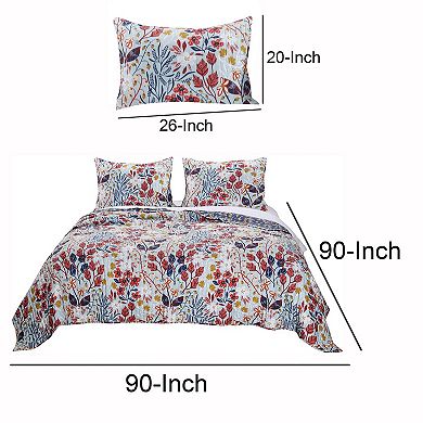 Full Size 3 Piece Polyester Quilt Set with Floral Prints, Multicolor
