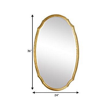 36 Inch Wood Wall Mirror, Oval Shape, Concave Surface, Gold