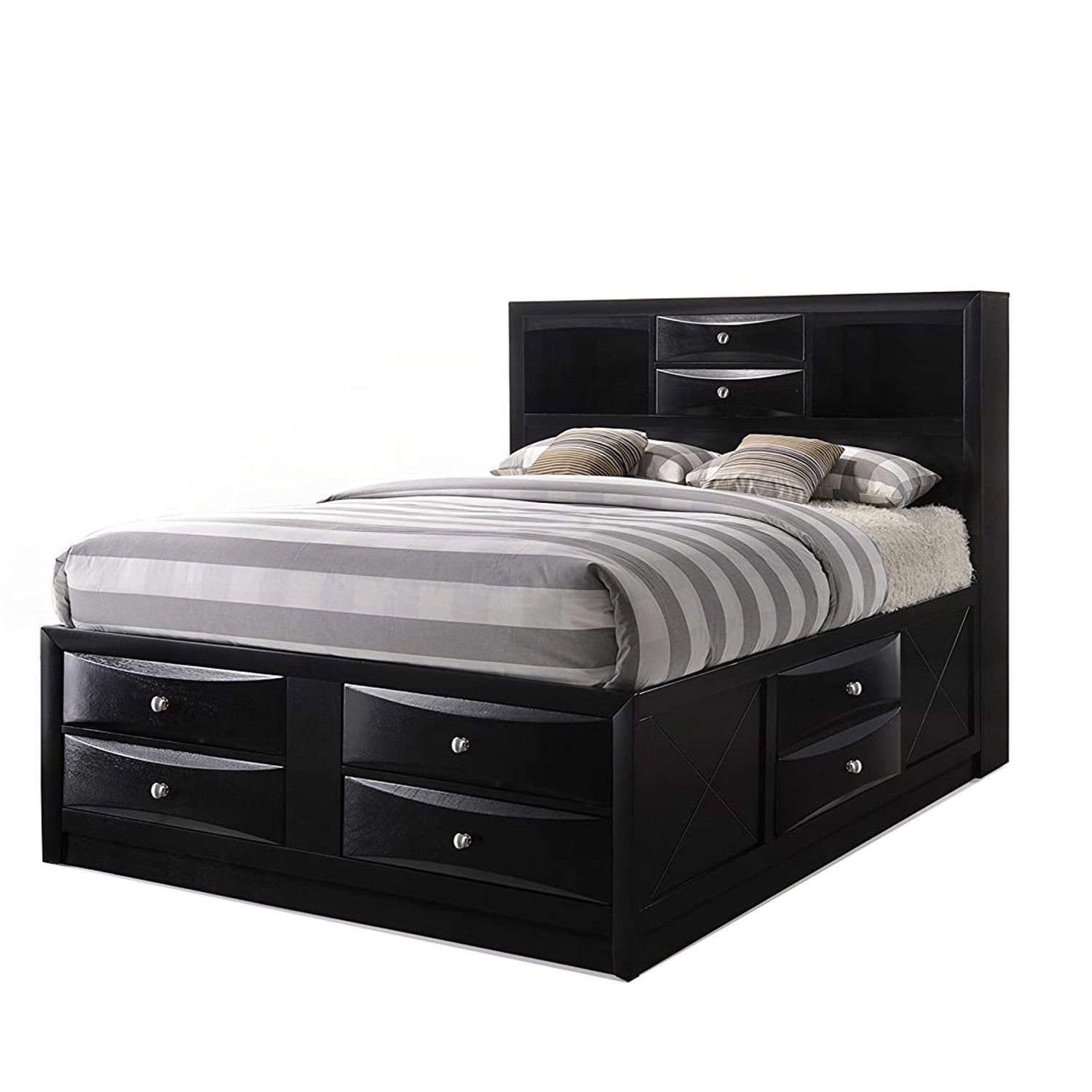 Eight Drawer Full Size Storage Bed With Bookcase Headboard, Black