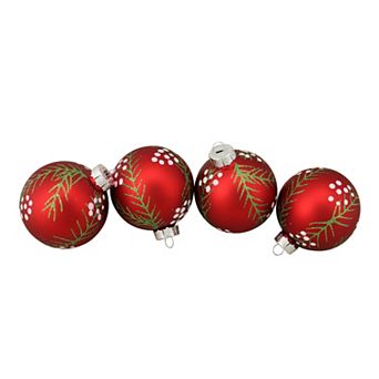 4 ct Matte Red with Pine Needles Glass Christmas Ball Ornaments 3.25" (80mm)