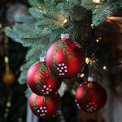 4ct Matte Red with Pine Needles Glass Christmas Ball Ornaments 3.25" (80mm)