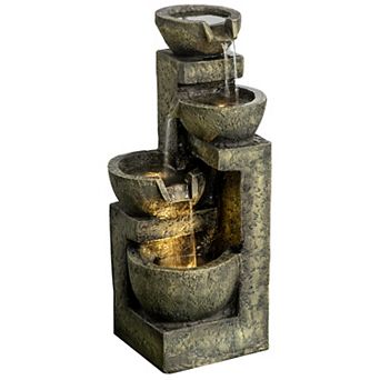 Outsunny Outdoor Fountain with 4 tier Stacked Stone Look Bowls, Cascading Waterfall, Gray