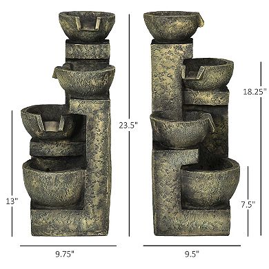 Outsunny Outdoor Fountain with 4-Tier Stacked Stone Look Bowls, Cascading Waterfall, Gray