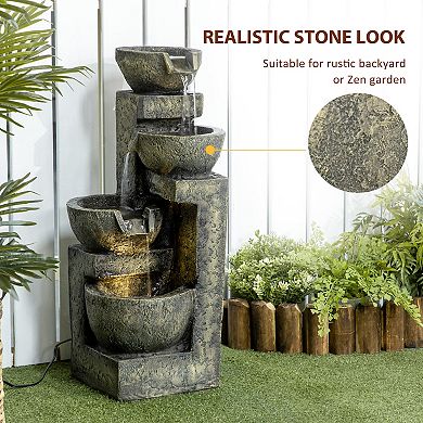 Outsunny Outdoor Fountain with 4-Tier Stacked Stone Look Bowls, Cascading Waterfall, Gray